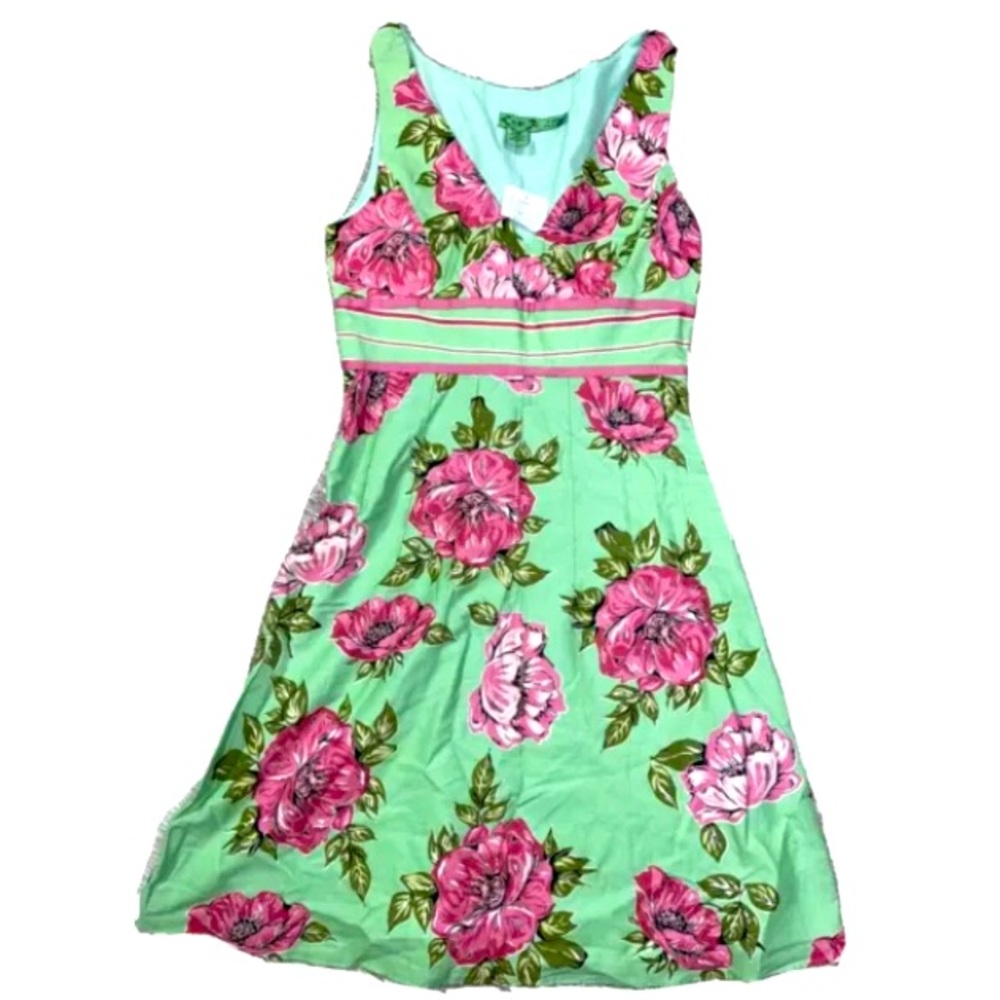 NWT Tibi Dress 6 Green & pink Floral a-line V-neck